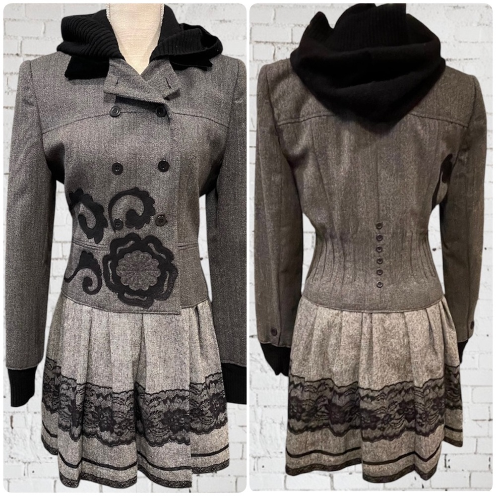 100% Wool Gray Black Lace with Hoodie Pleated Jacket Pea Coat Double Breasted